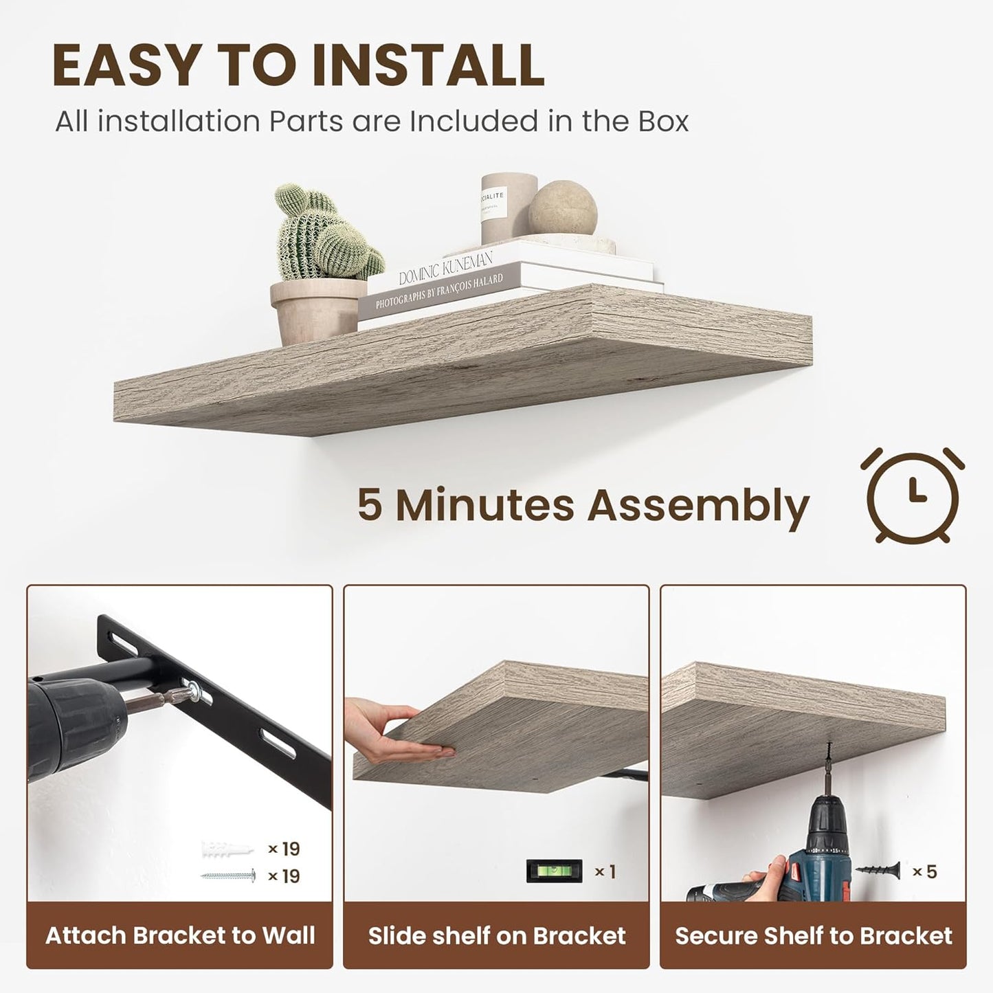 48 Inch Floating Shelves, 11.6 Inch Deep Floating Shelves for Wall, Floating Shelf with Invisible Brackets, Deep Shelves for Bathroom, Bedroom, Living Room, Vintage Gray Oak