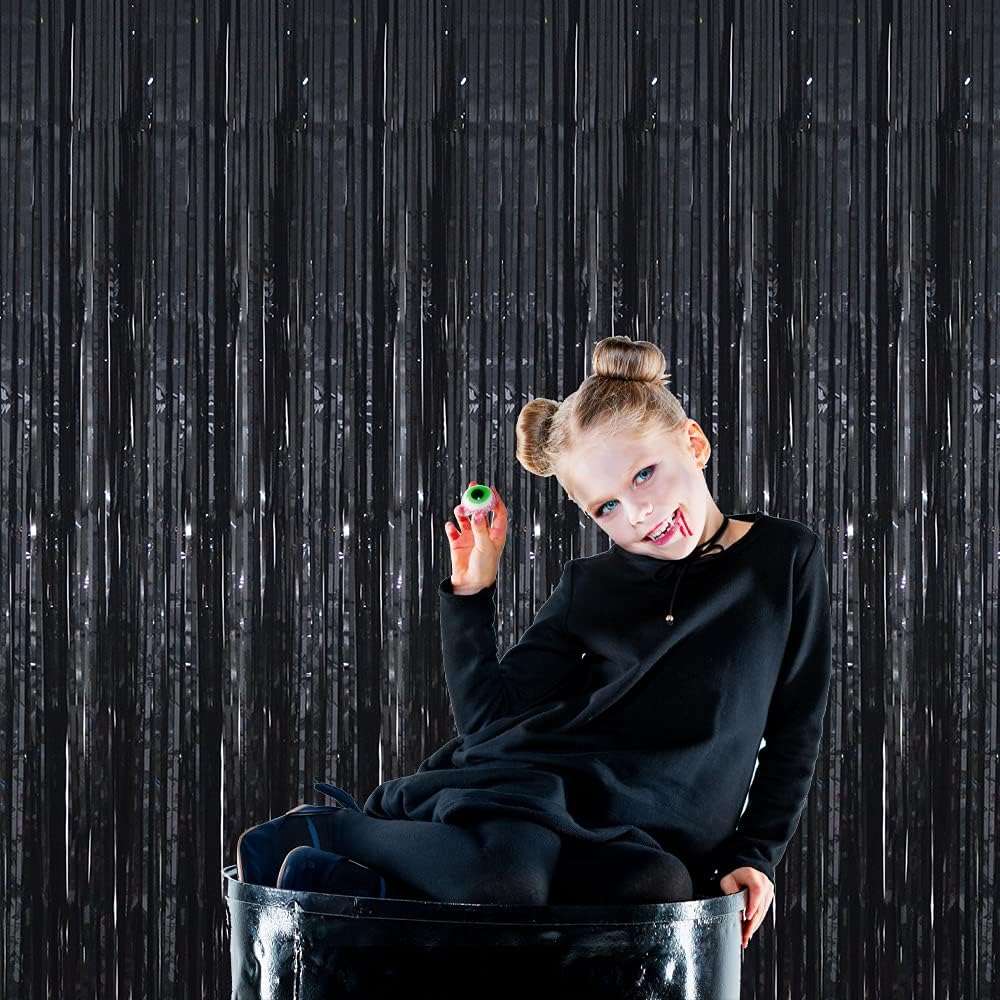 GOER 3.2 ft x 9.8 ft Metallic Tinsel Foil Fringe Curtains Party Photo Backdrop Party Streamers for Halloween,Birthday,Graduation,New Year Eve Decorations Wedding Decor (4 Packs,Black)