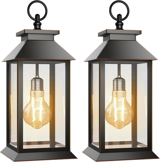 2 Pack Hanging Solar Lanterns Glass Solar Lights Outdoor Waterproof Upgraded Solar and 2 AA Batteries Powered, for Outside Porch, Patio and Indoor Tables, Mantelpiece