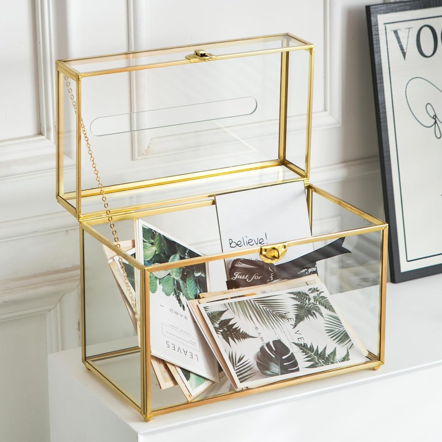 Glass Wedding Card Box with Slot, 10.2 inch Clear Card Box Gold Brass Gift Card Storage Box with Lock Perfect for Wedding Receptions, Baby Shower, Birthday Party, Bridal Shower