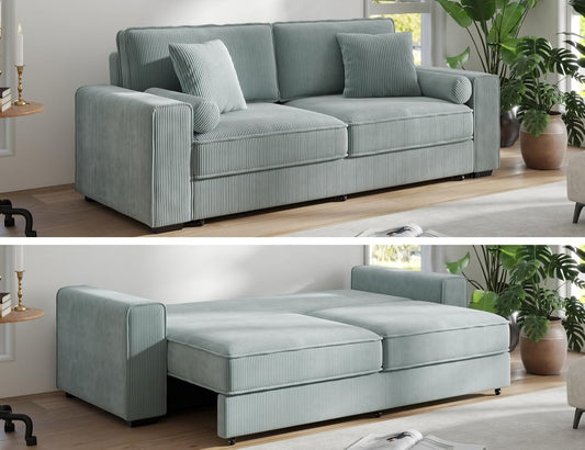 91-Inch Corduroy Pull Out Couch with Storage, Convertible Queen Sleeper Sofa with Pull Out Bed, Hide a Bed Couches for Bedroom, Guest Room, Apartment, Small Places, RV (Sage Green)