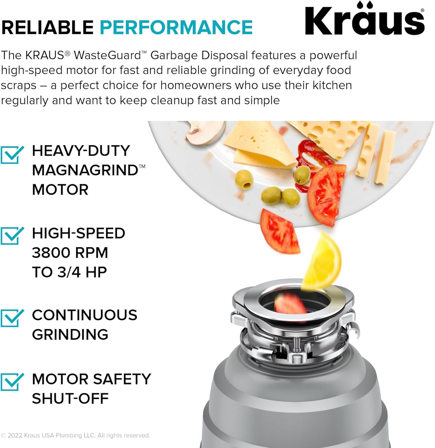 KRAUS WasteGuard High-Speed 3/4 HP Continuous Feed Ultra-Quiet Motor Garbage Disposal with Power Cord and Flange Included and Universal Mount, KWD210-75MGR