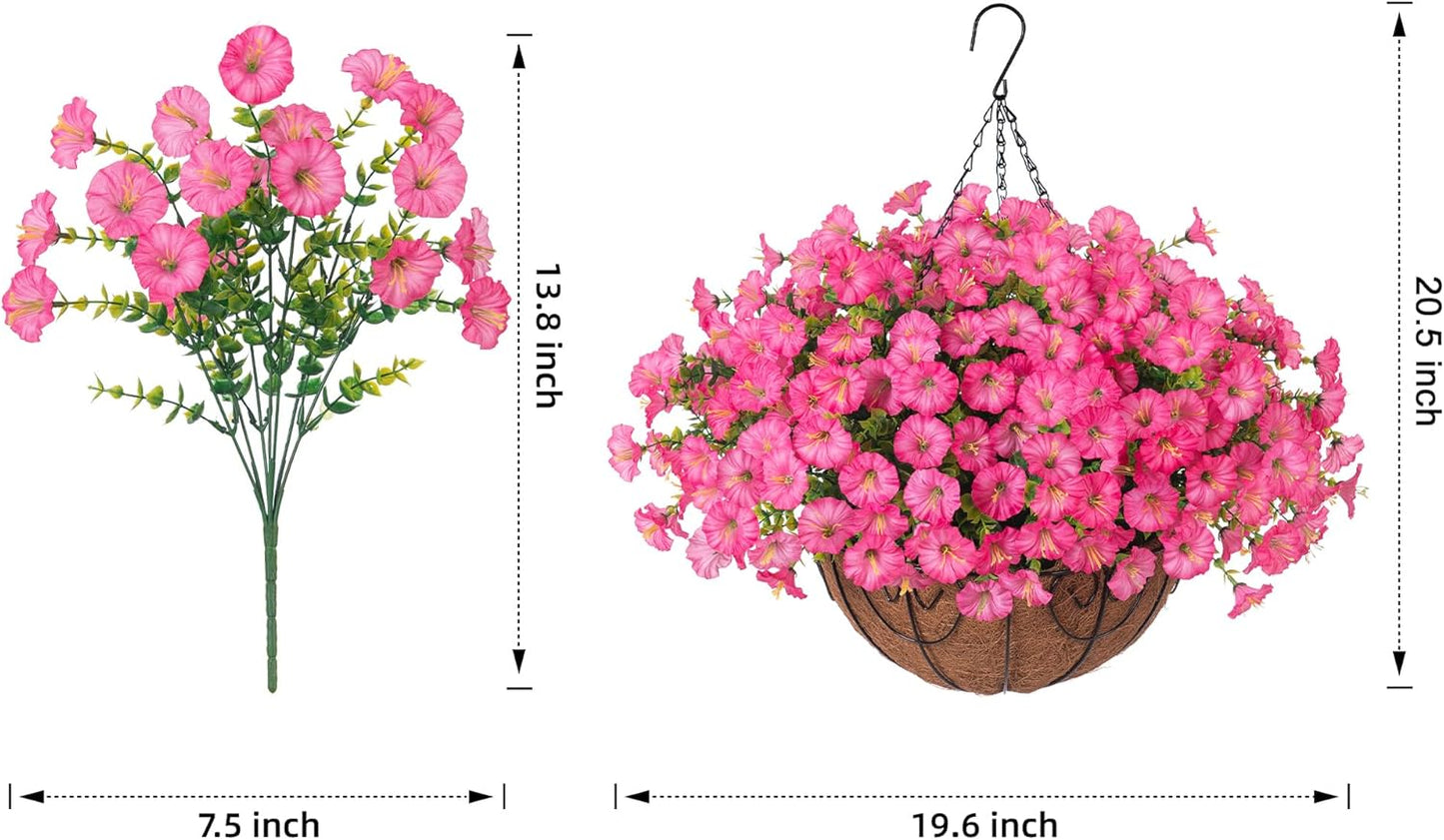 Artificial Faux Hanging Plants Flowers Basket for Outdoors Outside Spring Summer Decoration, Silk Pink Morning Glory in Planter UV Resistant Look Real Fake Flowers for Porch Patio Balcony Home Yard