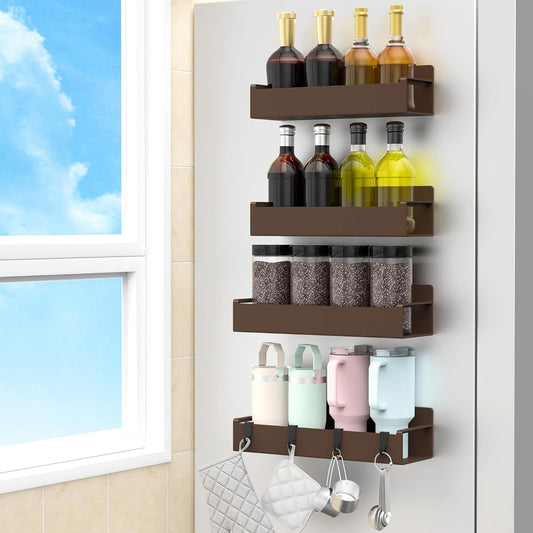 4 Pack Magnetic Spice Rack Organizer for Refrigerator and Oven, Brown Fridge Organizers and Storage for Kitchen