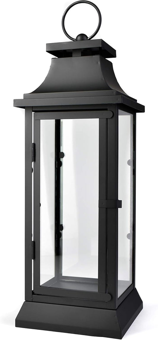 Serene Spaces Living Black Metal Hurricane Lantern with Clear Glass – 15" Tall, 5" Square. Versatile Hanging/Tabletop Candle Holder for Weddings, Parties, Indoor & Outdoor Home décor.