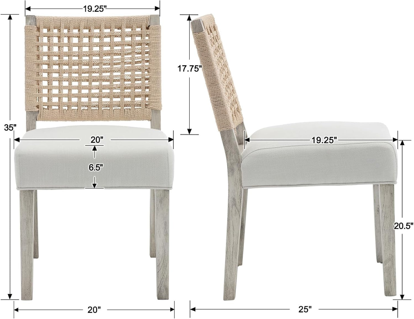 Kmax Farmhouse Dining Chairs Set of 2, Rustic Kitchen Chairs with Linen Fabric Seat and Woven Back, Vintage Accent Chairs for Dining Room, Living Room, Ivory