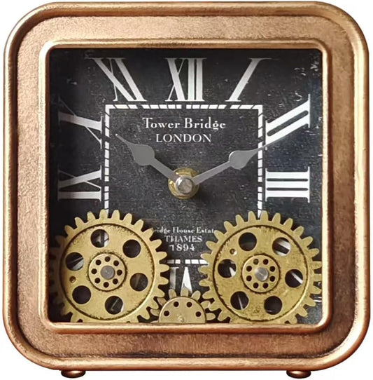 Desk Clock Vintage Metal Table Clocks with Moving Gears, Silent Retro Industrial Steampunk Quartz Small 6 inch End Table Clock for Home Office Living Room Decor Battery Operated (Gold)