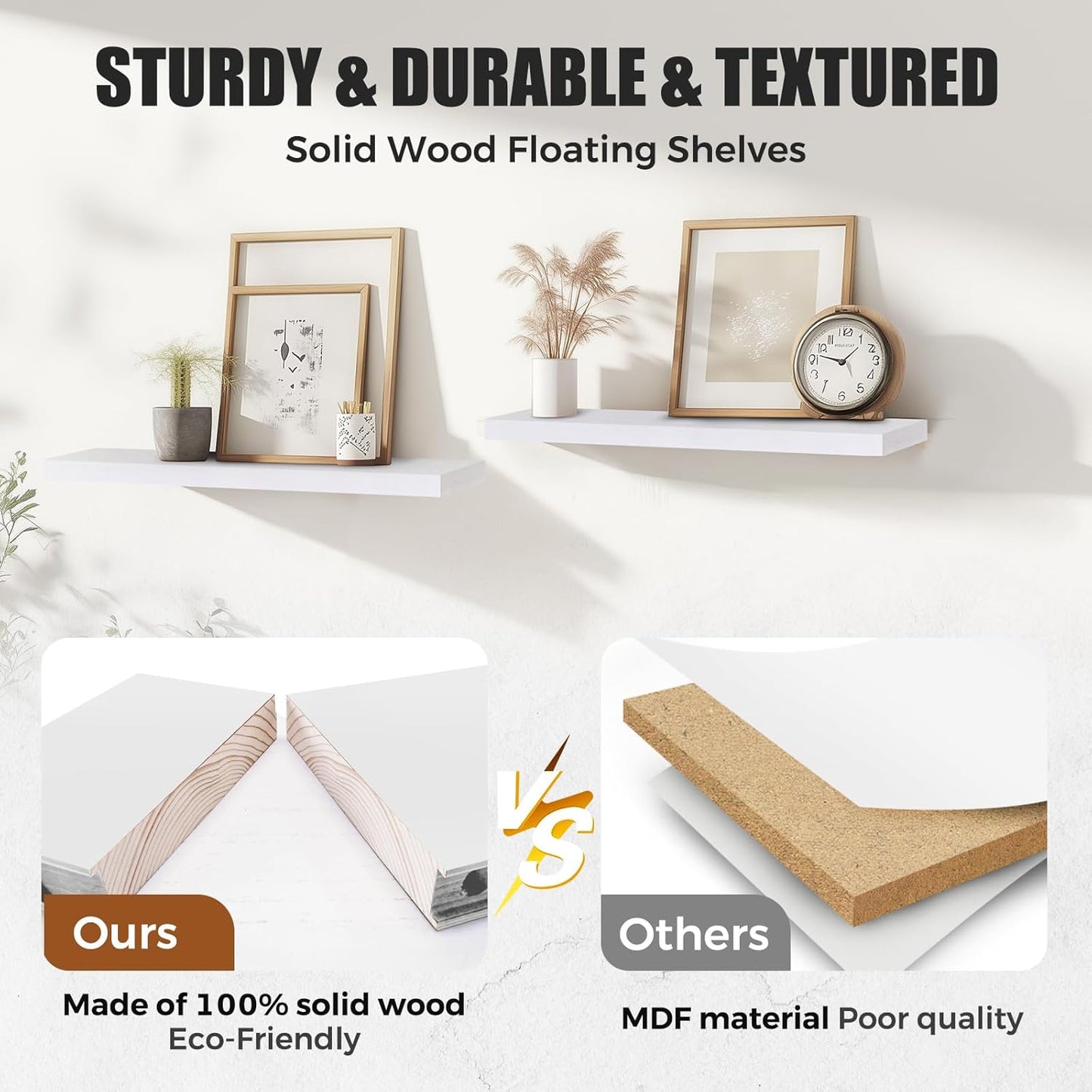 24"x6.8"x1.2" Solid Wood Floating Shelves 2-Pack - Rustic White Finish with Hidden Brackets, Perfect for Storage and Décor in Living Room, Kitchen, Bedroom