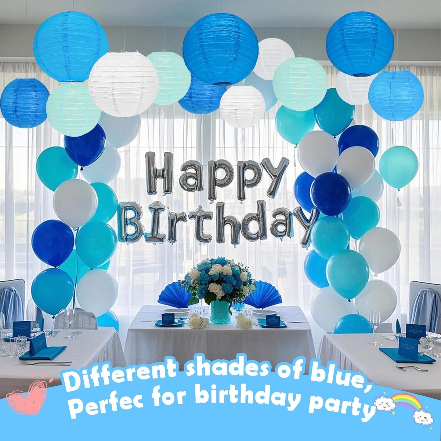 12Pcs Blue and White Paper Lanterns Assorted Sizes (6" 8" 10" 12") for Home Decor, Wedding, Birthday, Underwater Themed Party Decorations, Hanging Chinese Japanese Paper Lantern (3 Blue Colors)