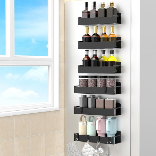6 Pack Magnetic Spice Rack Organizer for Refrigerator and Oven, Black Fridge Organizers and Storage for Kitchen