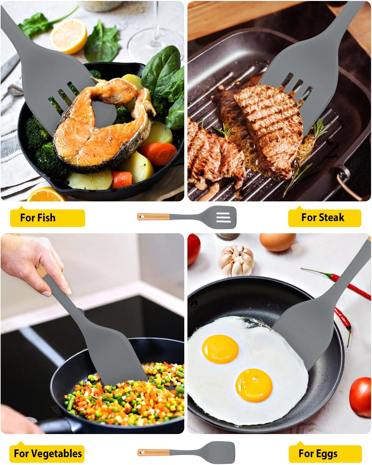 Pack of 2 Large Silicone Spatula, Heat Resistant Solid Turner, Non Stick Slotted Spatulas with Wooden Handle, Ideal Kitchen Utensils for Flipping, Pancakes, Eggs, Fish(GRAY)