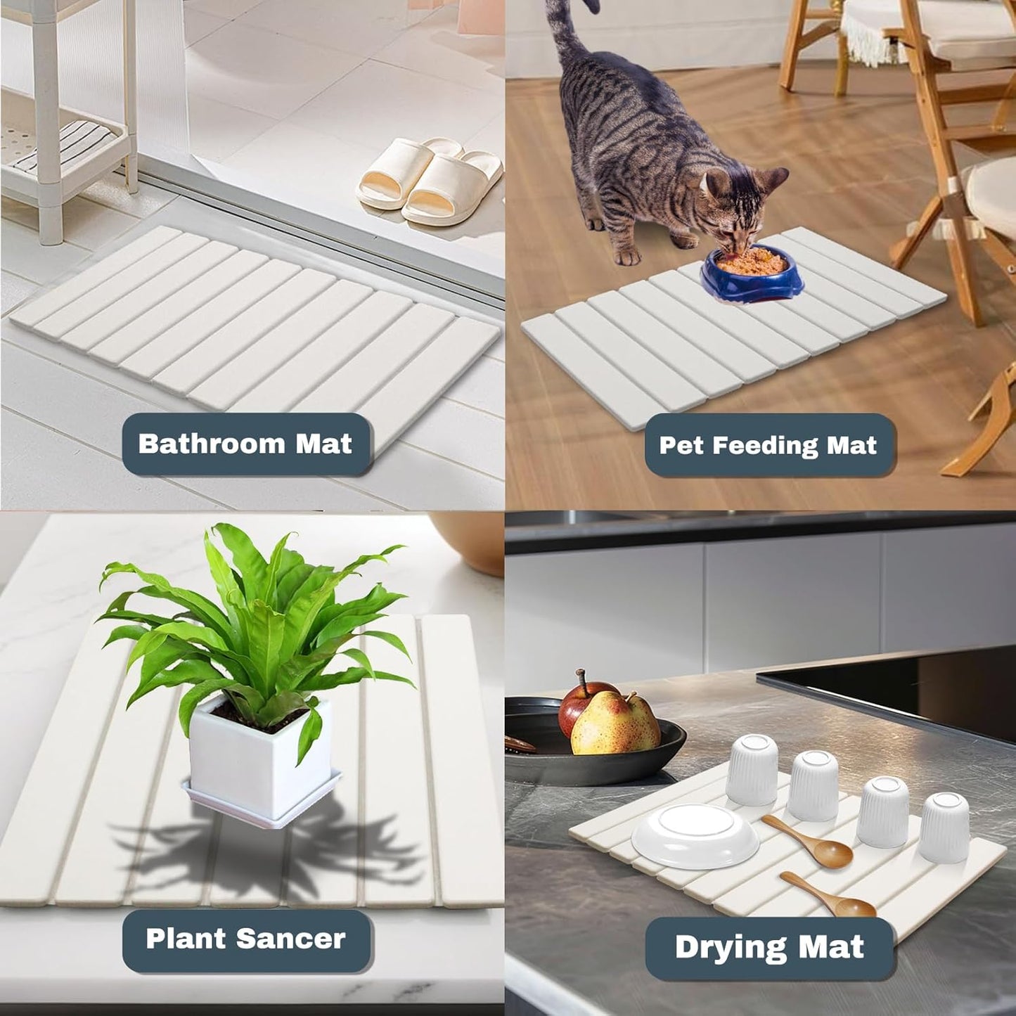 Large Stone Dish Drying Mats for Kitchen Counter, Quick Dry Absorbent Collapsible Dish Drying Mat,Diatomaceous Earth Mats for Dishes Bottles Cups,Match Any Countertop,White 24 * 16inch