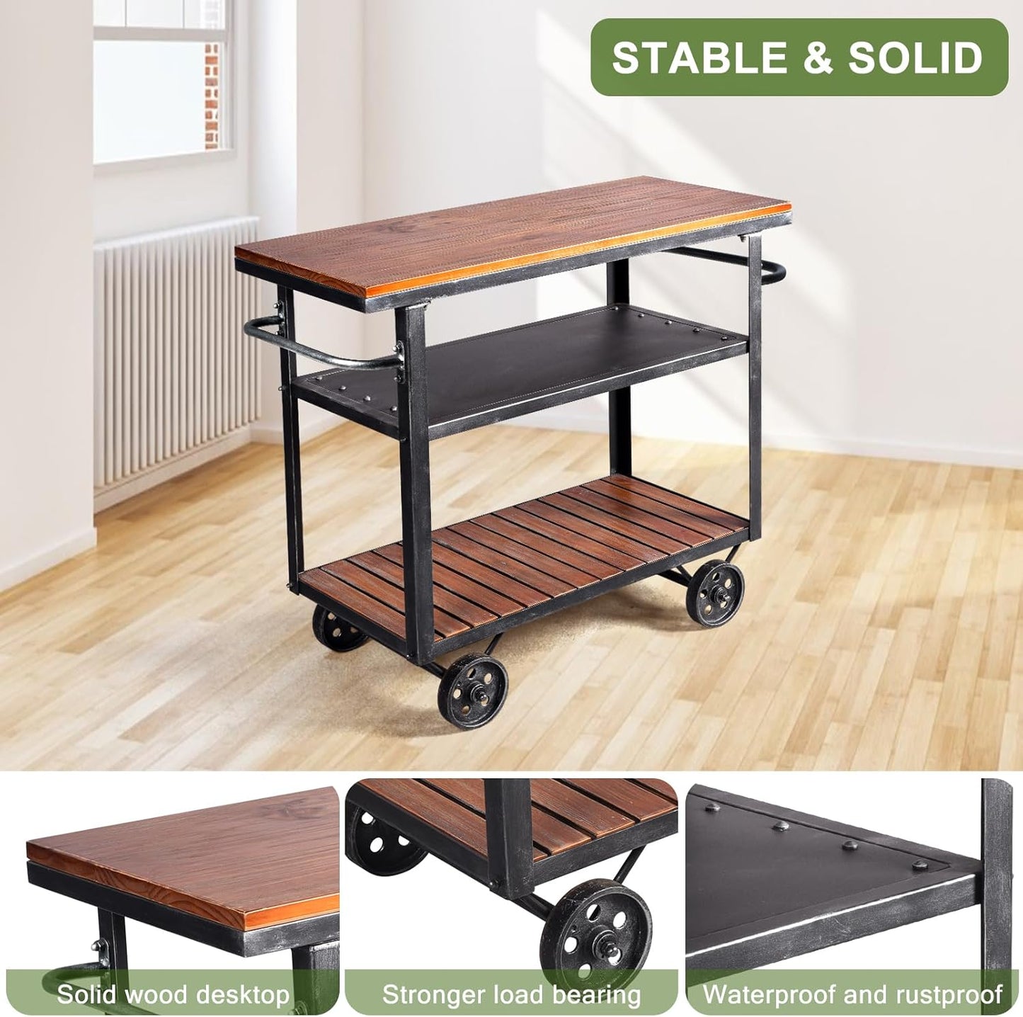 Diwhy Industrial 3 Tier Rolling Utility Storage Cart Wine Beverage, Metal Wine Rack with Wheels Kitchen Bar Dining Room Tea Wine, Storage Cart with Wood