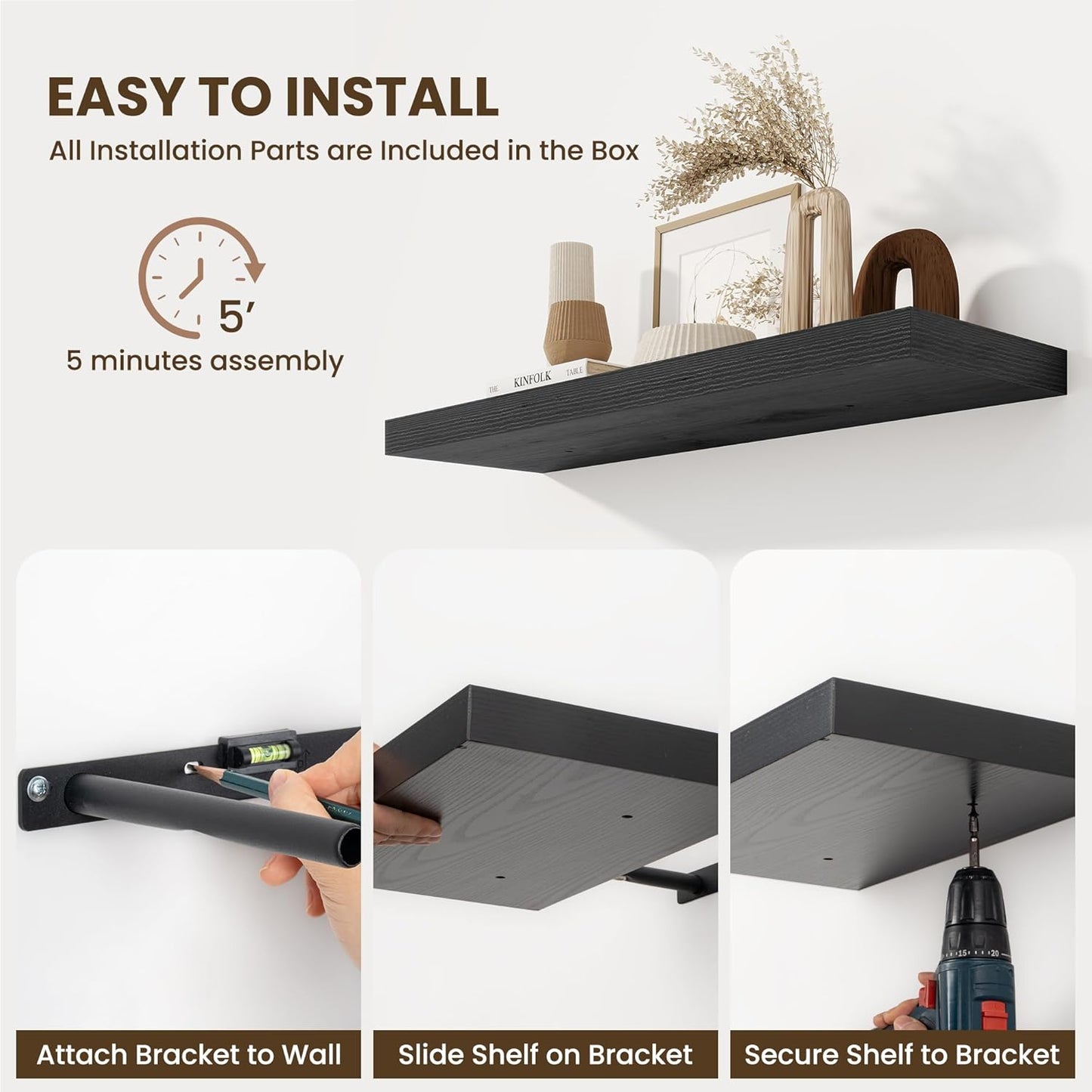 Fun Memories Floating Shelves for Wall 10 Inch, 10 Inch Deep Square Wall Shelves, Bathroom Storage Shelves Over Toilet, Wood Floating Shelves for Living Room Bedroom, Black, Set of 2