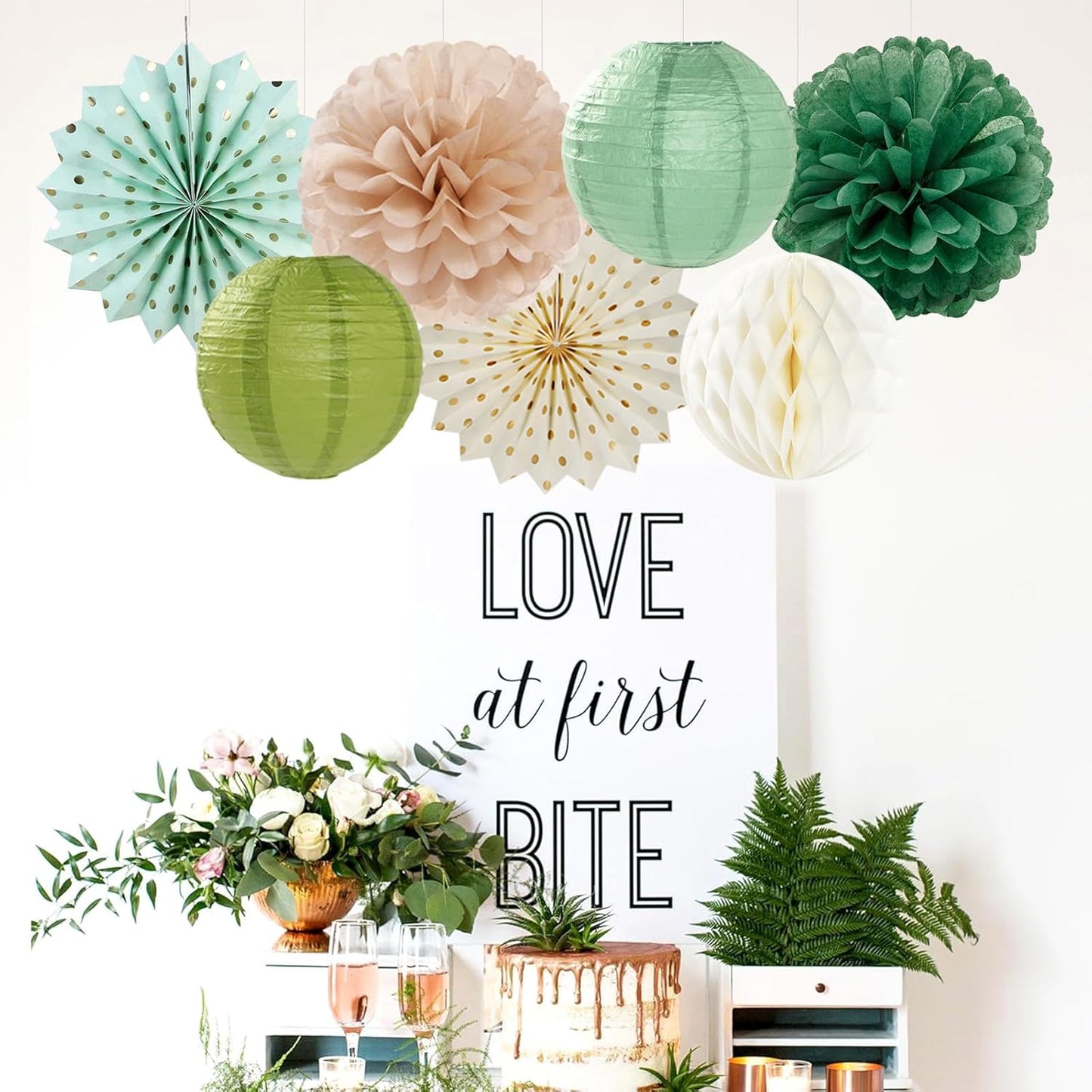 Olive-Sage Green Champagne-Gold Party-Decorations Lanterns - 14pcs Rustic Wedding Paper Fan Streamers,Tissue Pom Poms Honeycomb,Boho Bachelorette Neutral Baby Shower Birthday Bridal Decor Ouruola