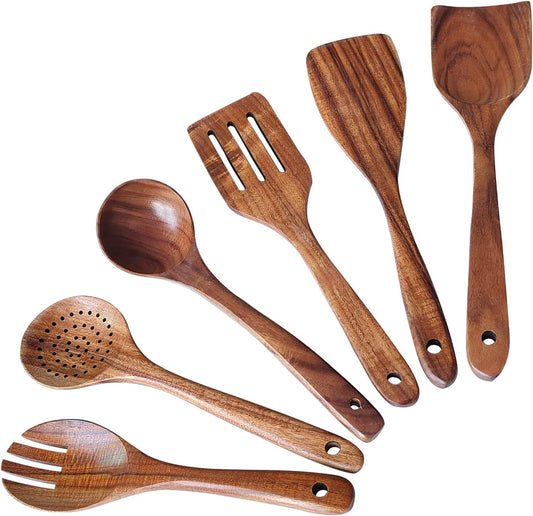 Wooden Spoons for Cooking 6 Piece, Natural Teak Kitchen Utensils Spatula, Smooth Finish Wooden Cooking Utensils Spoons, Filter Spoon, Salad Fork