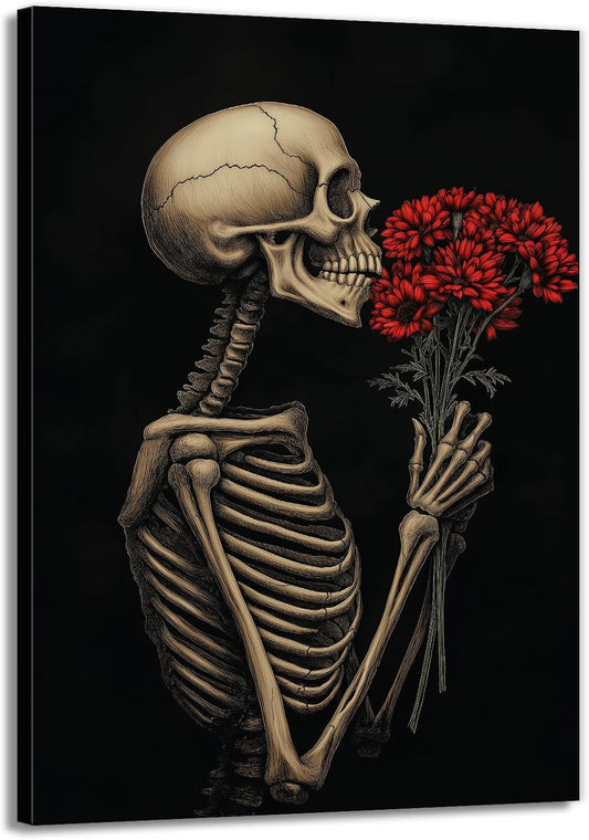 OAAPITI Red Rose Skull Wall Art Dark Themed Skeleton Painting Modern Artwork for Gothic Home Decor(Artwork-5,24"x36")