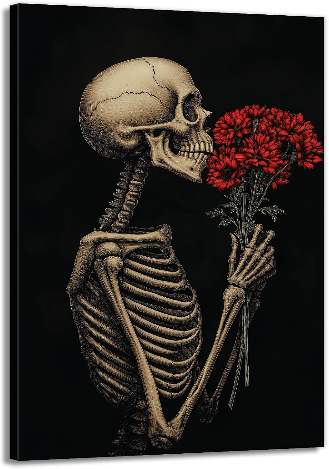 OAAPITI Red Rose Skull Wall Art Dark Themed Skeleton Painting Modern Artwork for Gothic Home Decor(Artwork-5,16"x24")