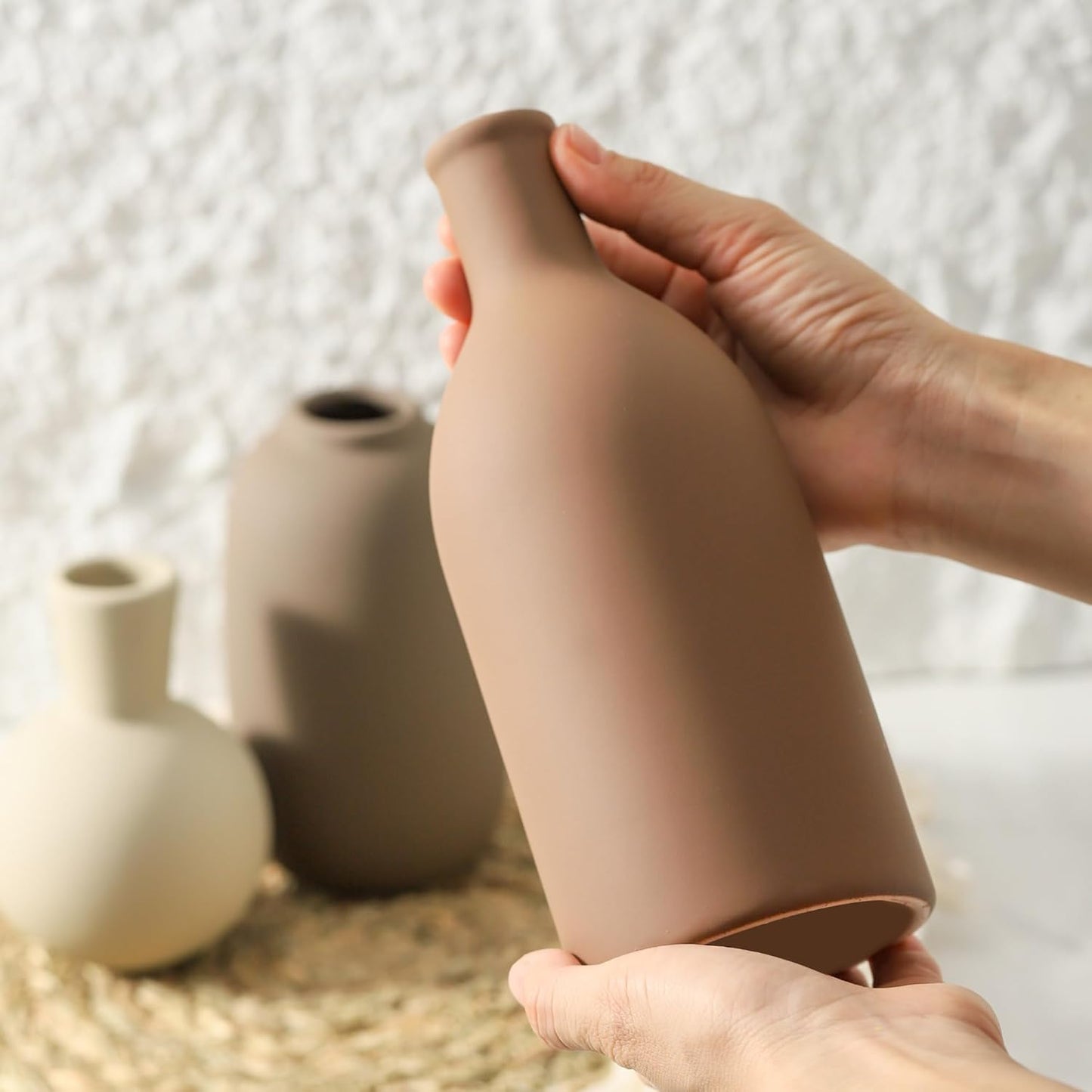 Ceramic Vases Set of 3, Modern Neutral Rustic Farmhouse Home Decor Pottery Pampas Decoration for Living Room, Table, Bathroom, Bedroom, Entryway - Brown