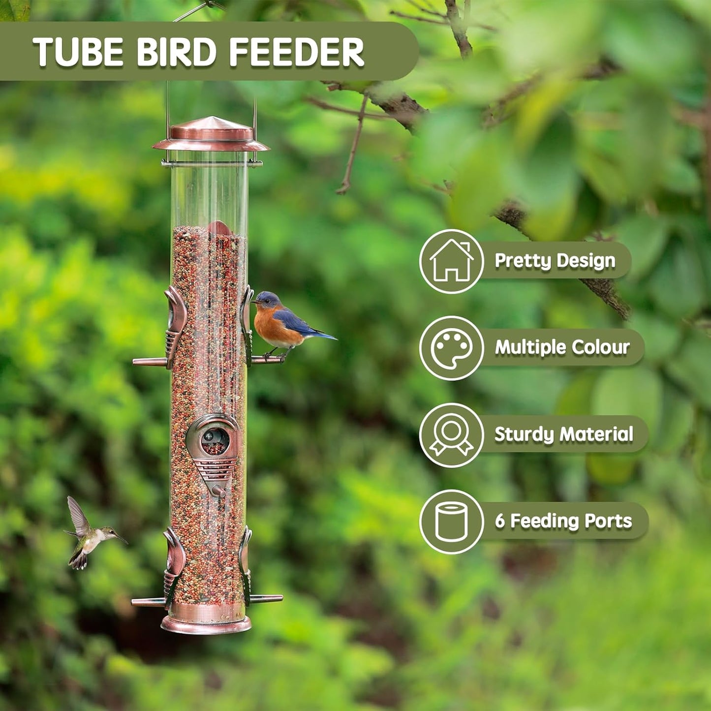 MIXXIDEA 2PK Metal Wild Bird Feeder Squirrel Proof for Outside Hanging - 6 Port Tube Transparent Finch Feeder With Steel Hanger (Antique Copper)