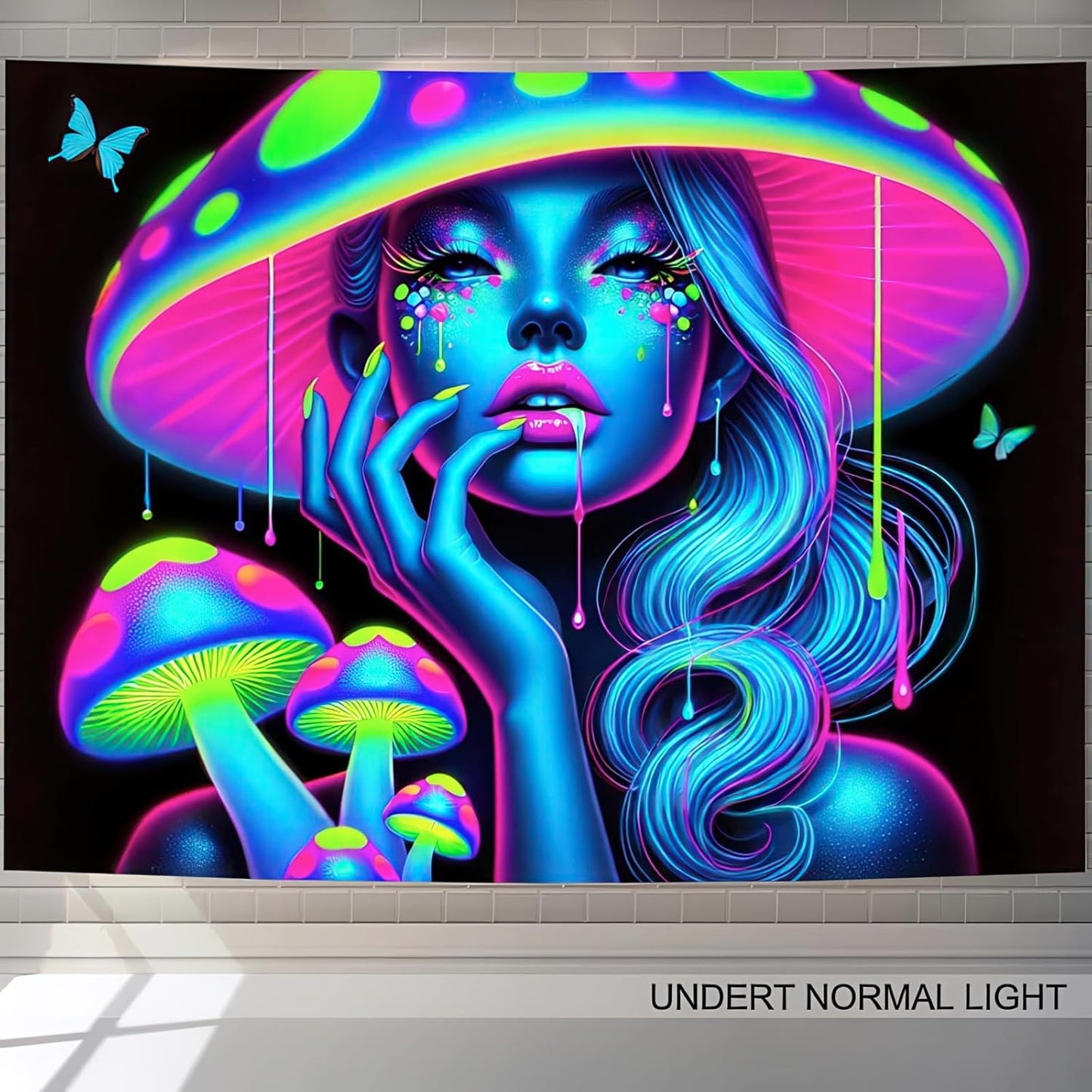 BlissYard UV Reactive Tapestry Psychedelic Mushroom Goddess Wall Fantasy Neon Mushroom Tapestry Glow In The Dark Tapestry Backdrop Wall Hanging for Bedroom Dorm Decor Bedroom 59 X 78 inches