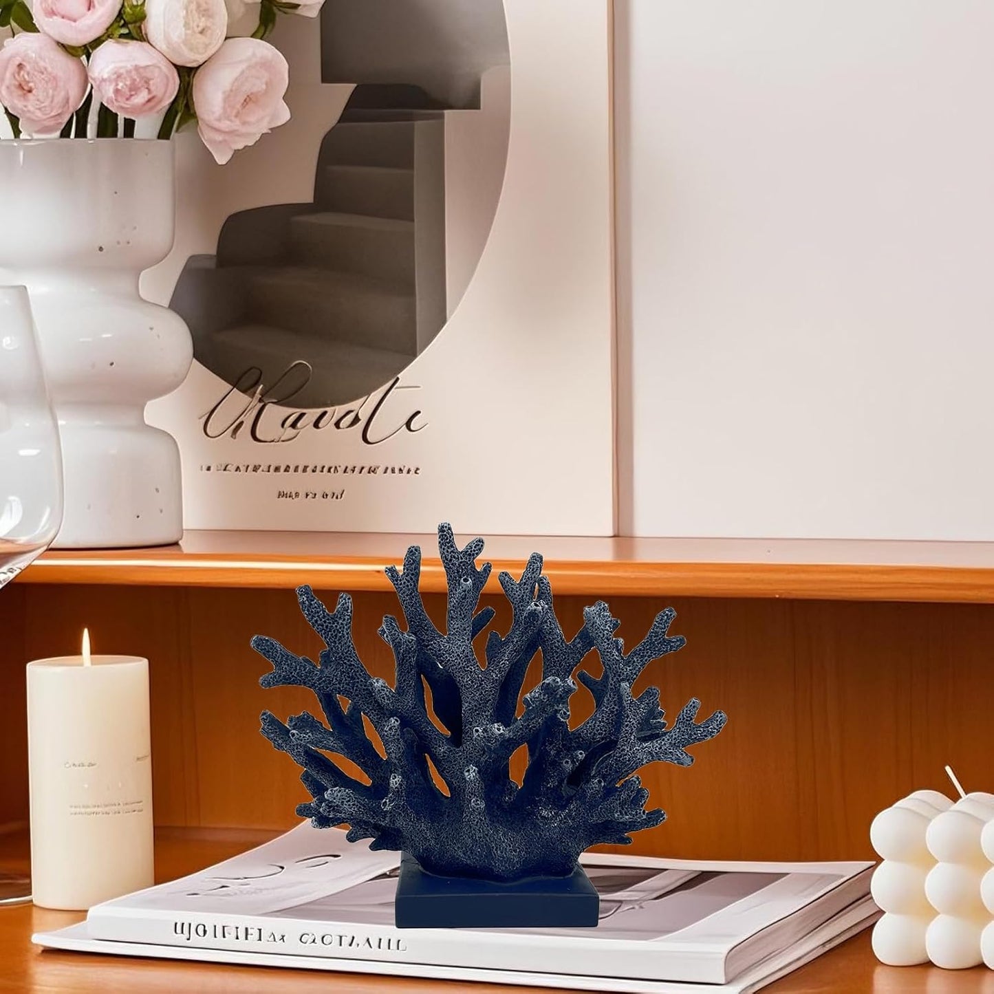 5.8" H Dark Blue Coral Decor - Resin Coral Statue, Nautical Decor for Home, Bedroom, Bathroom, Living Room, Ocean Themed Cabinet Shelf Tabletop Decoration