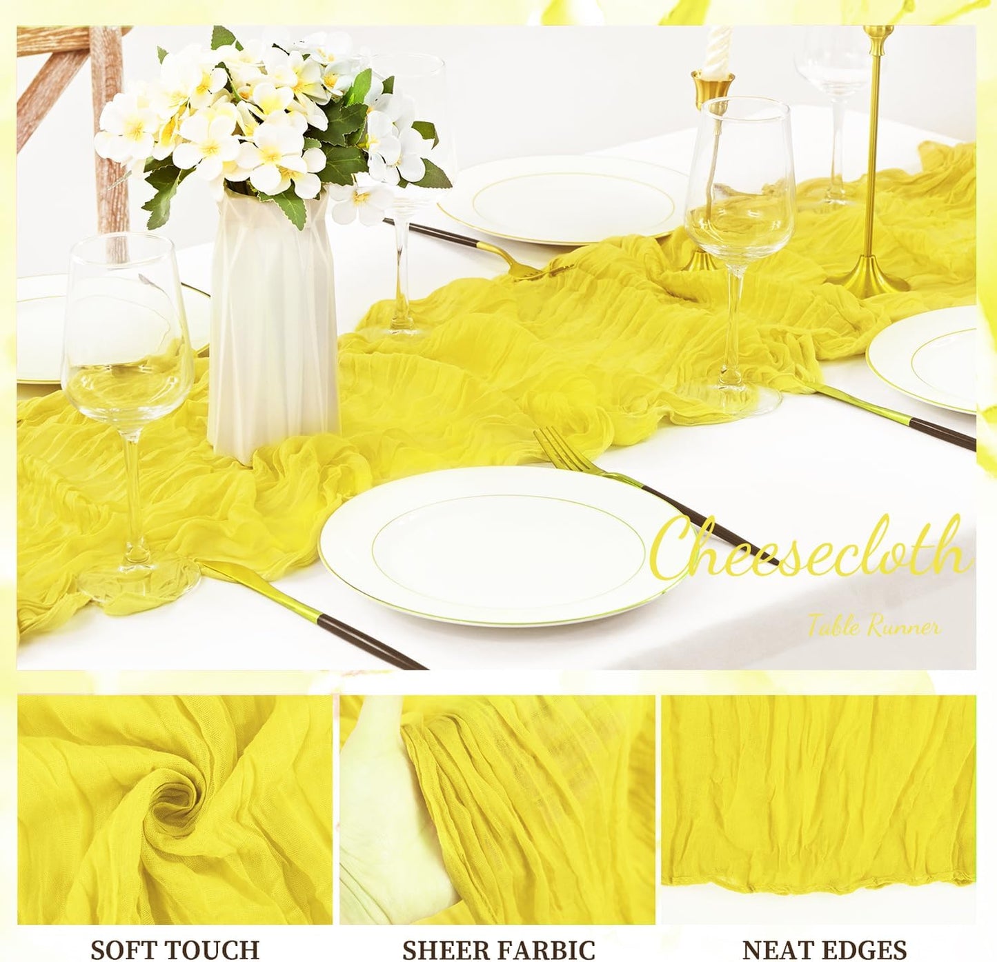 6 Pack Yellow Cheesecloth Table Runner 20 x 120 Inch Long Rustic Gauze Cheese Cloth Table Runner for Wedding 10FT Bridal Baby Shower Table Decorations Boho Fabric Sheer Birthday Party Table Decor