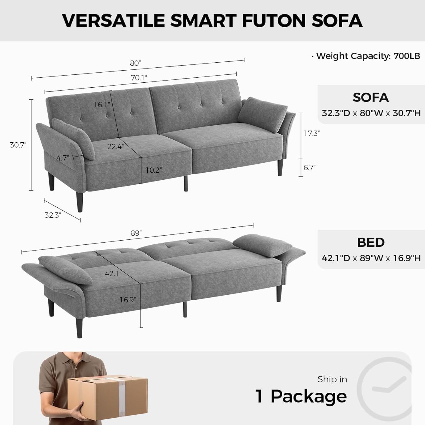 89” Futon Sofa Bed, Comfy Futon Couch Bed with 2 Square Pillows, Convertible Sleeper Sofa with Adjustable Backrest& Armrests, Modern Loveseat Sleeper for Living Room, Bedroom, Light Gray