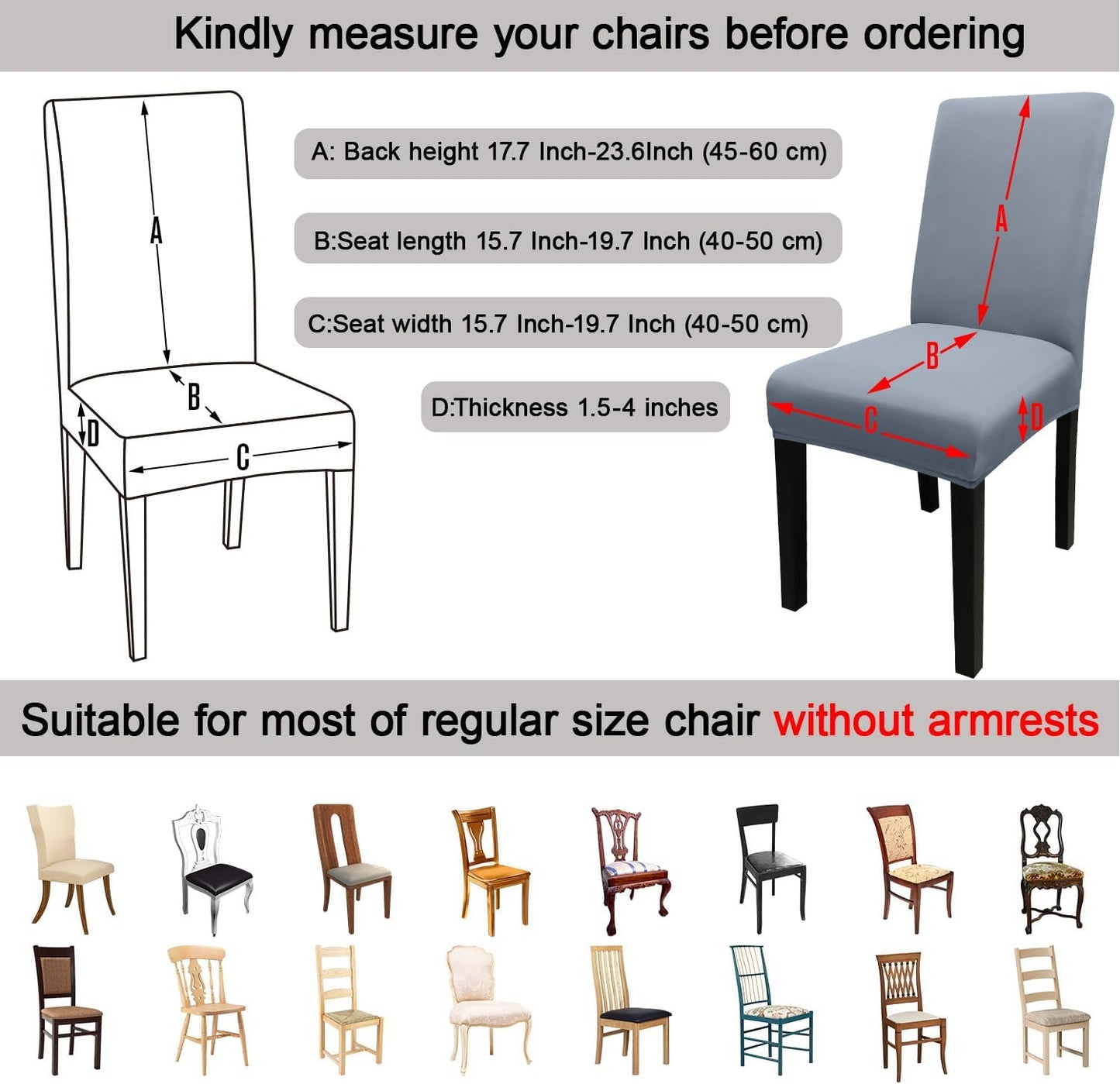 JQinHome 4 Pcs Dining Chair Slipcover, High Stretch Removable Washable Chair Seat Protector Cover for Home Party Hotel Wedding Ceremony(Light Grey)