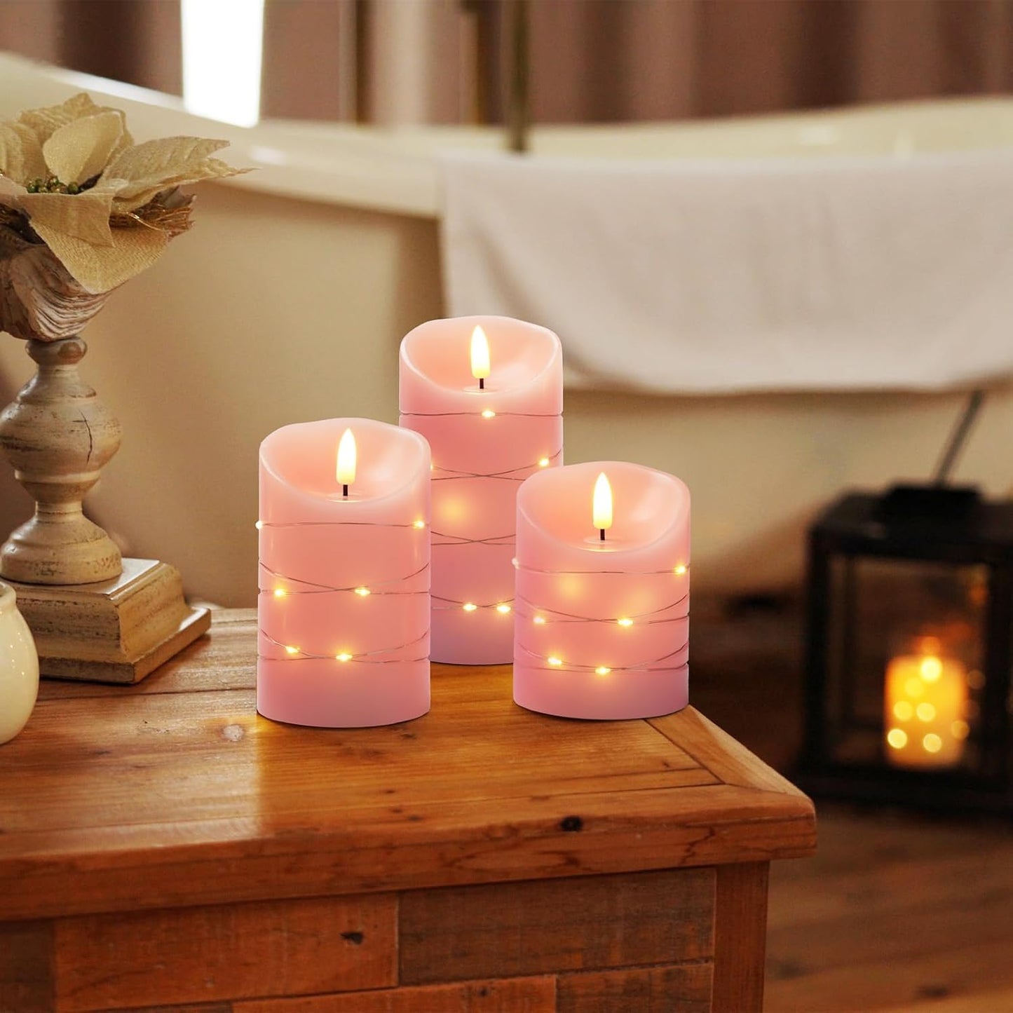 Homemory Flameless Candles with String Lights, 3 Pack Embedded Fairy String Lights LED Candles, Electric Flickering Candles with Remote Control and Timer, Real Wax, Pink