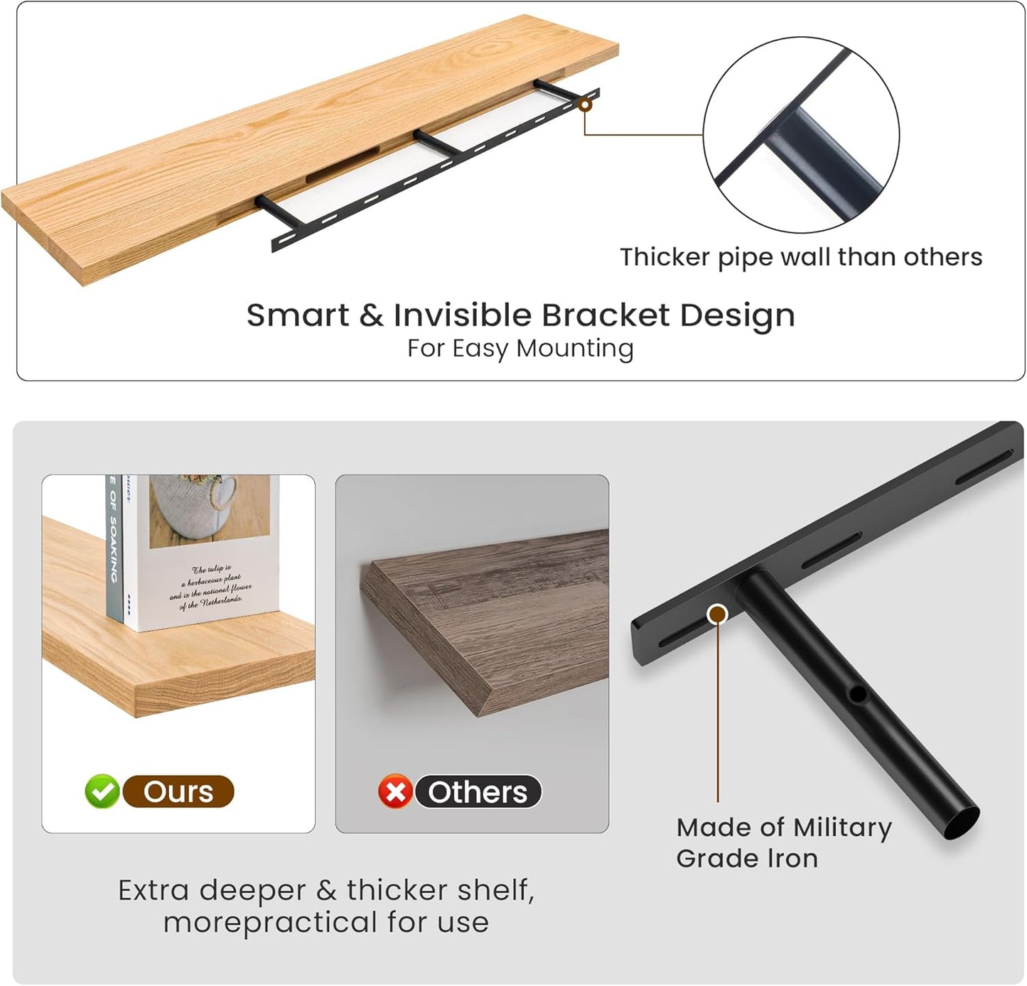 Fun Memories Solid Oak Wood Floating Shelves, 9.3 Inch Deep Natural Wood Shelf with Invisible Heavy Duty Bracket for Bathroom Bedroom Kitchen - 48inch Set of 1, Natural