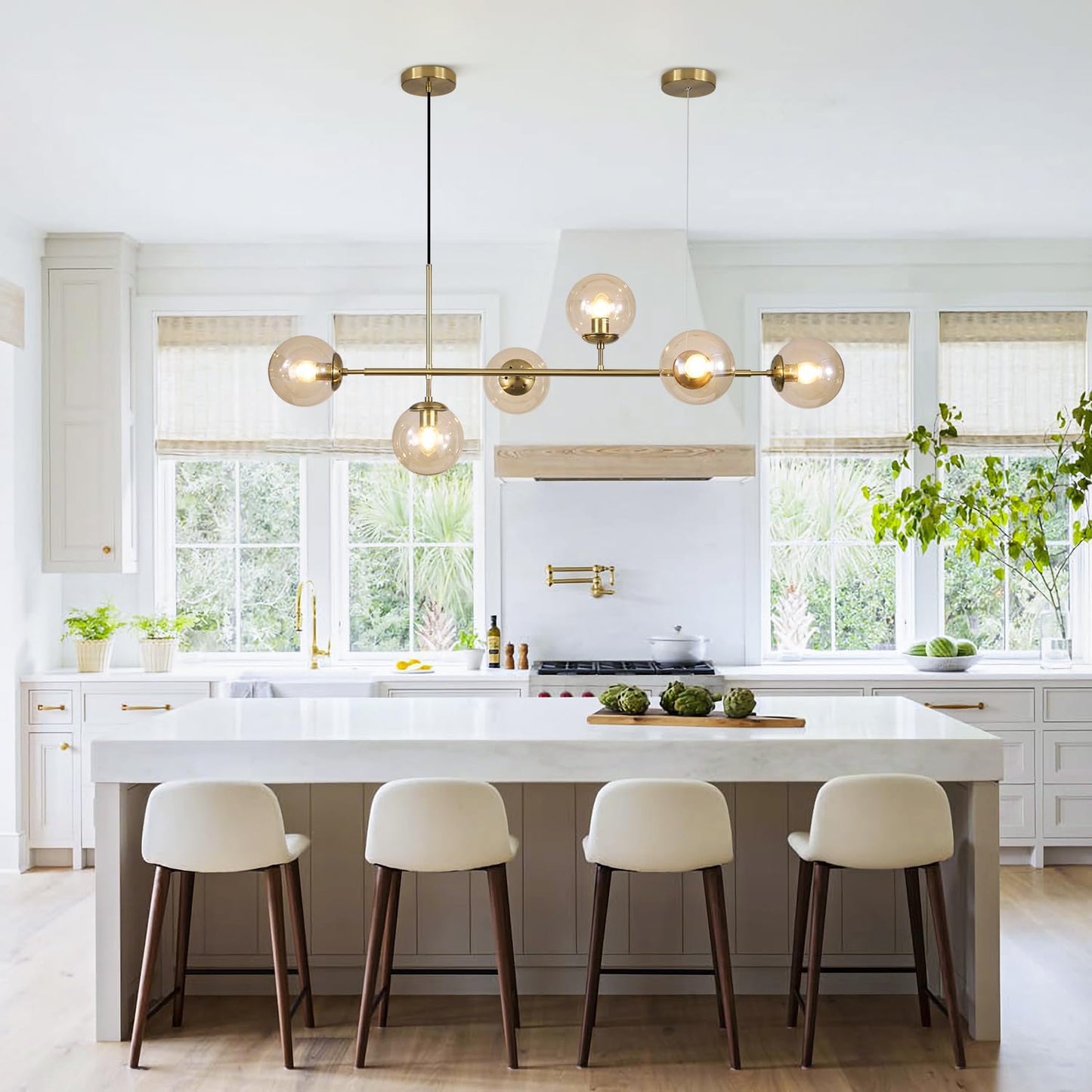 KCO Lighting Globe Linear Chandelier 6 Light Amber Glass Pendant Light Fixture Gold Kitchen Island Lighting Long Brass Sputnik Chandelier Dining Room Light Fixtures Over Table