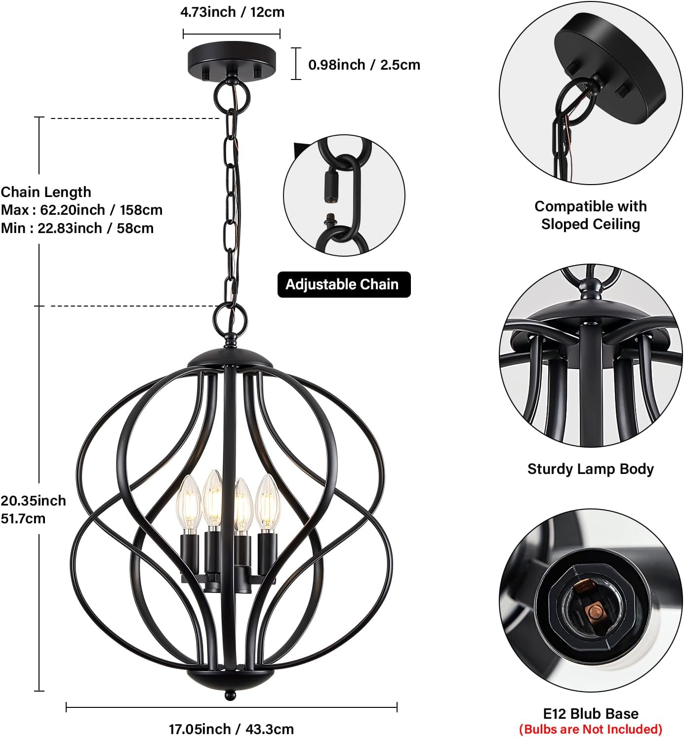 Modern Black Chandelier for Dining Room, 4 Lights Geometric Chandeliers, Sphere Chandelier Industrial Large Pendant Light Fixtures Hanging for Kitchen, Entryway, Foyer, Stairs