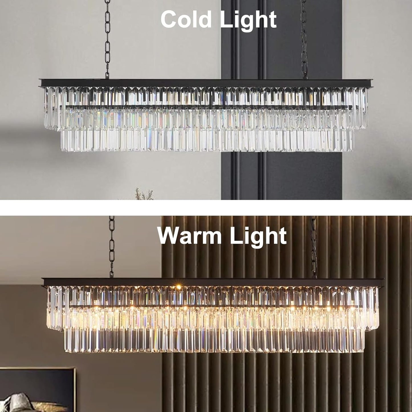 Rectangle Crystal Chandelier Black Modern Linear Chandelier Contemporary Pendant Light Fixture 8-Light Hanging Ceiling Light for Dining Room Living Room Kitchen Bedroom Foyer 47''