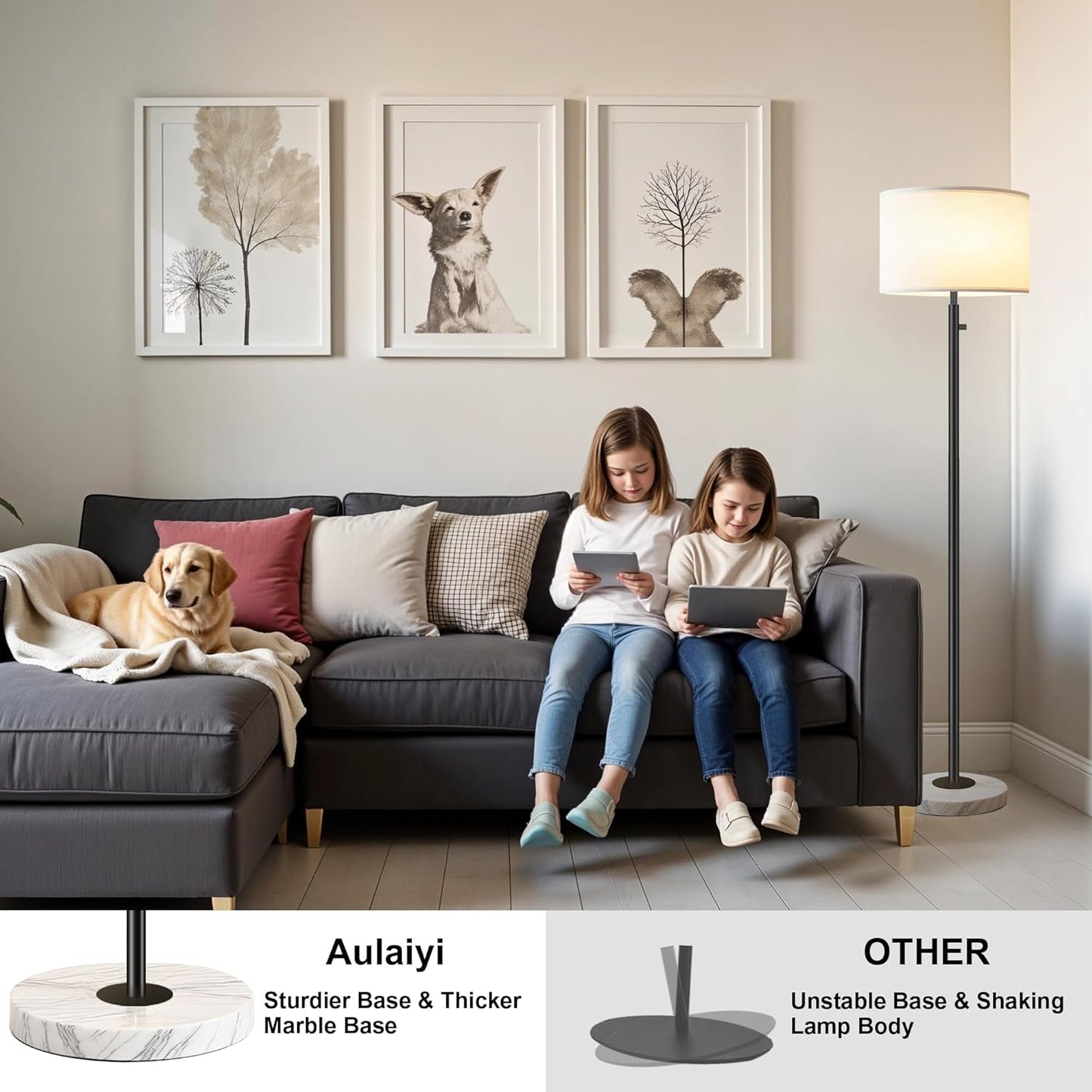 Floor Lamp for Bedroom,Modern Floor Lamp for Living Room,Standing Lamp with Marble Base,Tall Standing Lamp for Bedroom,Reading,Office & Kids' Room,LED Bulb Included(Black)