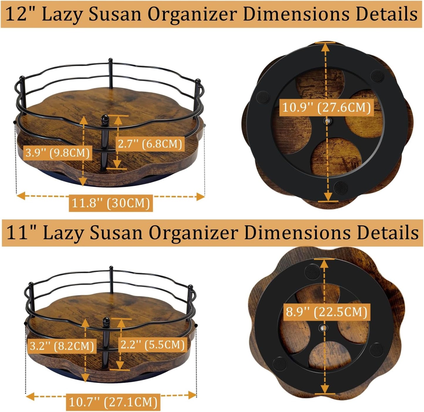 2 Pack, 11" & 12" Wooden Lazy Susan Turntable with Higher Metal Sides, 360° Rotating Lazy Susan Organization and Storage for Cabinet, Table Top, Kitchen, Countertop, Dining Table, Pantry, Coffee Bar