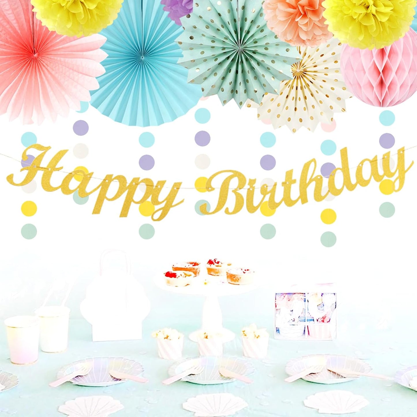 Pastel-Rainbow Classroom Girls Birthday Party-Decorations - 21pcs Happy Banner Decor, Colorful Paper Streamers Lanterns,Tissue Pom Poms Fan,Hanging Honeycomb Garland, Two Sweet Easter Supplies Huglony