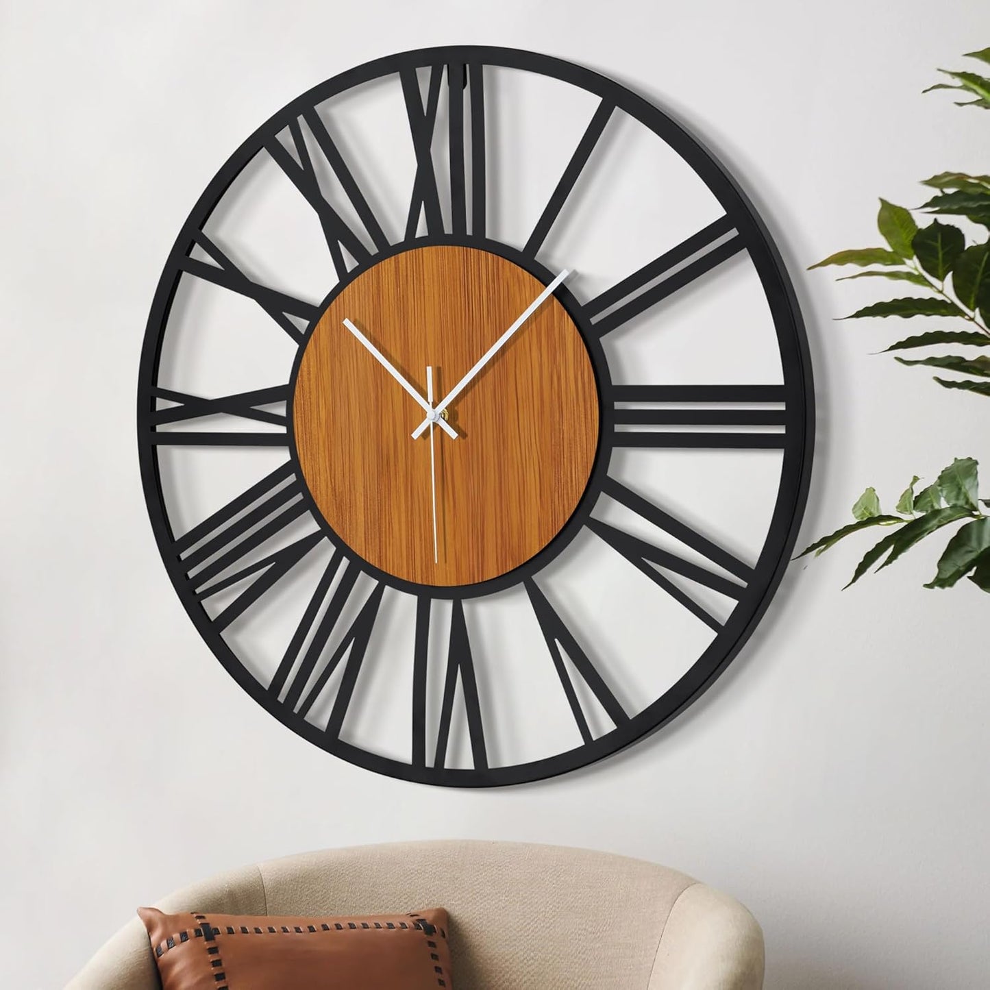 LEIKE 30" Oversized Large Wall Clocks,Silent,Non Ticking,Battery Operated Modern Round Big Wood Decorative Metal Wall Clock for Living Room, Bedroom,Kitchen,Farmhouse,Office Decor - Black,30 Inch