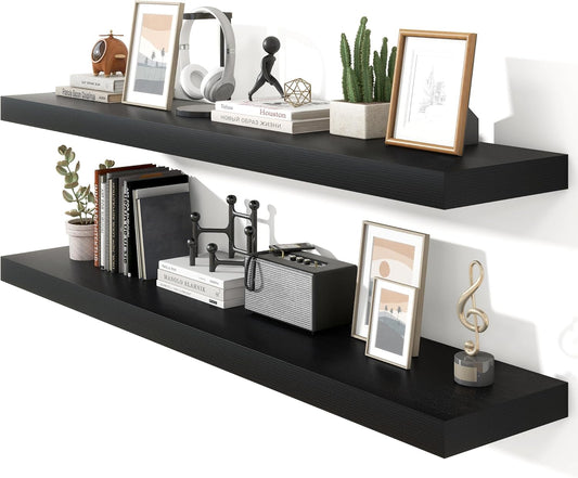 Heimlove 55 Inch Floating Shelves for Wall,10 Deep Large Black Wall Shelf with Heavy Duty Brackets,Mounted Storage & Display Shelves for Bedroom,Living Room,Kitchen,Office,Set of 2