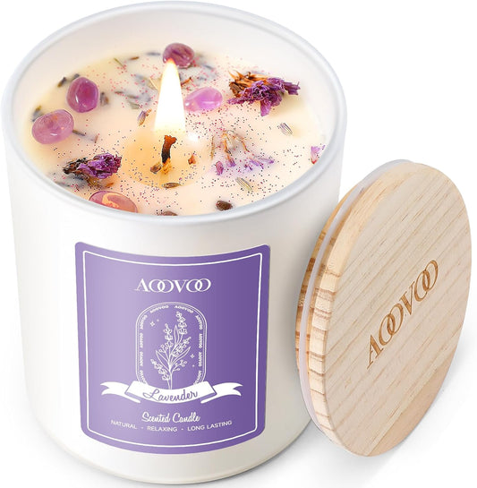 AOOVOO Lavender Scented Candles for Women - Aromatherapy Candle with Crystals Inside, 10oz Soy Candles for Home Scented, Birthday Gifts Mothers Day Candle for Women Mom