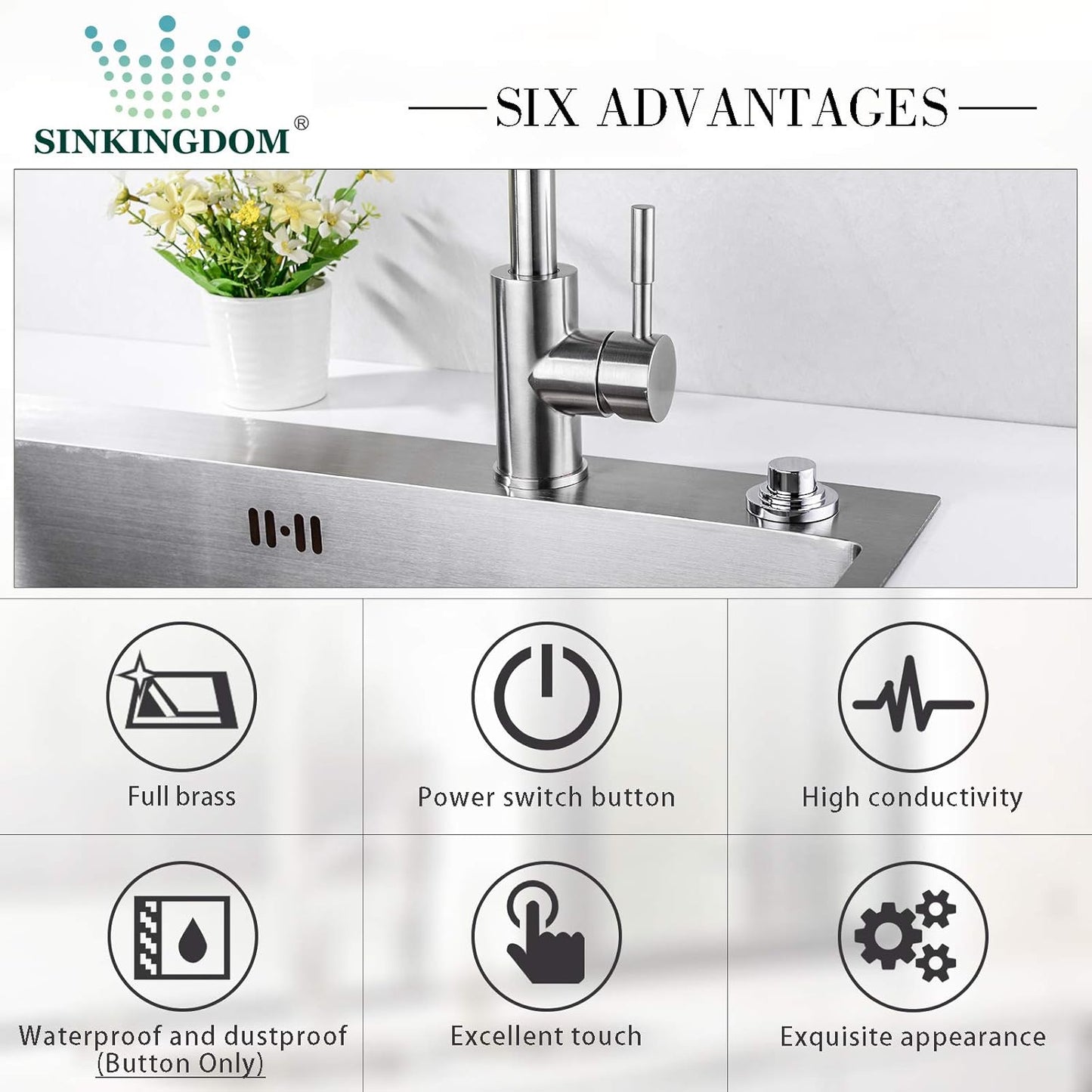 SinkTop Air Switch Kit (Long Full Brass Button) for Disposal, Dual Outlet, (Chrome)