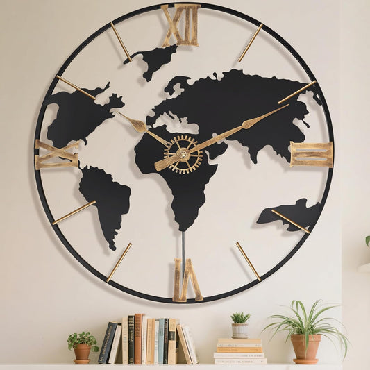 24 Inch Large Wall Clock,Modern Decorative Big World Map with Vintage Gold Roman Numeral Extra Giant Metal Oversized Wall Clocks for Living Room,Office,Kitchen,Dining Room,Bedroom