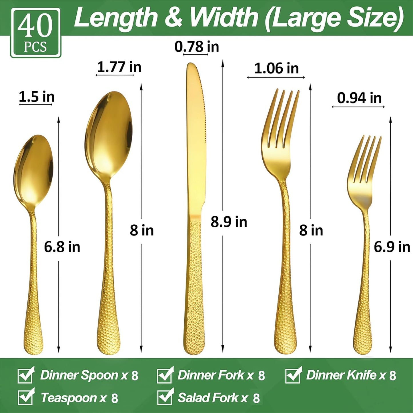 40 Pcs Gold Silverware Set for 8 with Hammered Design, Food Grade Stainless Steel Flatware Set, Eating Utensils Sets Include Fork/Knife/Spoon, Cutlery Set, Dishwasher Safe