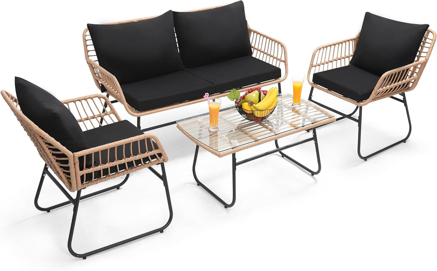 Kromax 4 Piece Patio Bistro Outdoor Furniture Set, Wicker Sofa, 2 Rattan Chairs, and Table, Backyard Conversation Set, All Weather Cushions, Natural Rattan Black Cushion