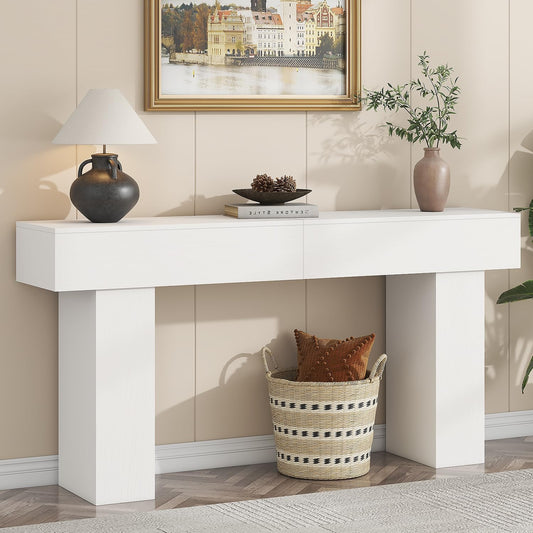 63 Inch Long Console Table for Entryway, Farmhouse Wood Rectangular Sofa Table Behind Couch Table, Narrow Entryway Table for Living Room, Entrance, Hallway, Foyer, Easy Assembly (Classic White)