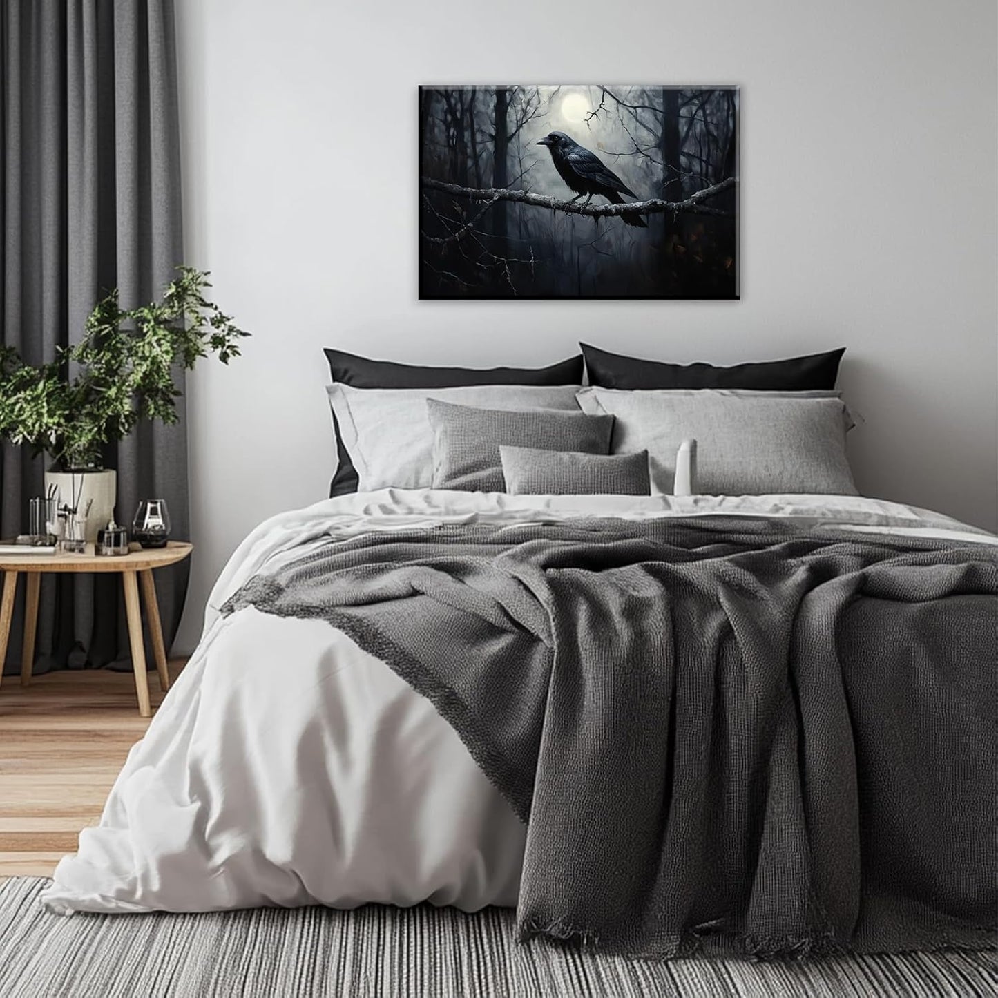 OAAPITI Crow Canvas Wall Art Black Crow Stand On The Branch Picture Print Moonlit Night Poster Vintage Forest Landscape Painting Artwork Living Room Halloween Decor(Artwork-1,24"x36")