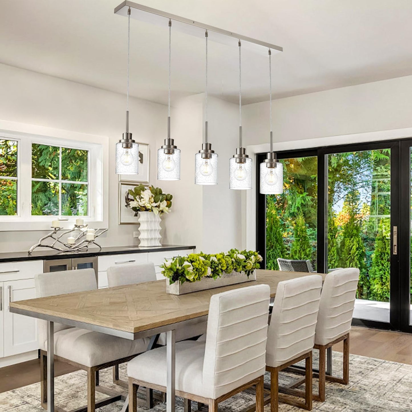 Lighting Contemporary Brushed Nickel Linear Chandelier Pendant Light 5 Lights Clear Seeded Glass Farmhouse Pendant Lighting Modern Dining Room Light Fixture for Living Room Kitchen Island