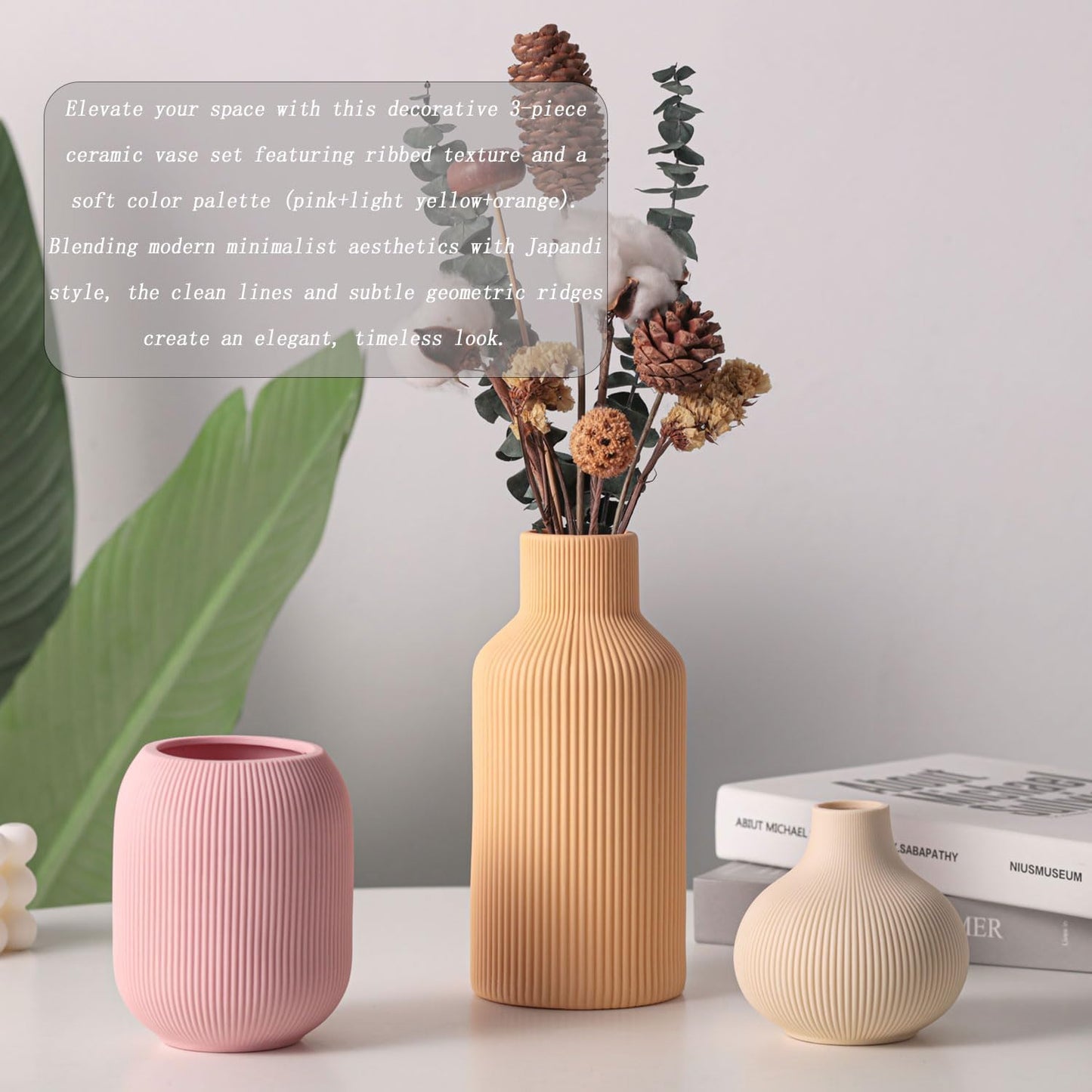 Ceramic Vase Set of 3, Vases Home Decor Modern Minimalist Decor Pottery Boho Vases for Pampas Grass Dried Fresh Flowers, Bookshelf, Shelf, Bedroom, Entryway Mantel Decor(Pink+Light Yellow+Orange)
