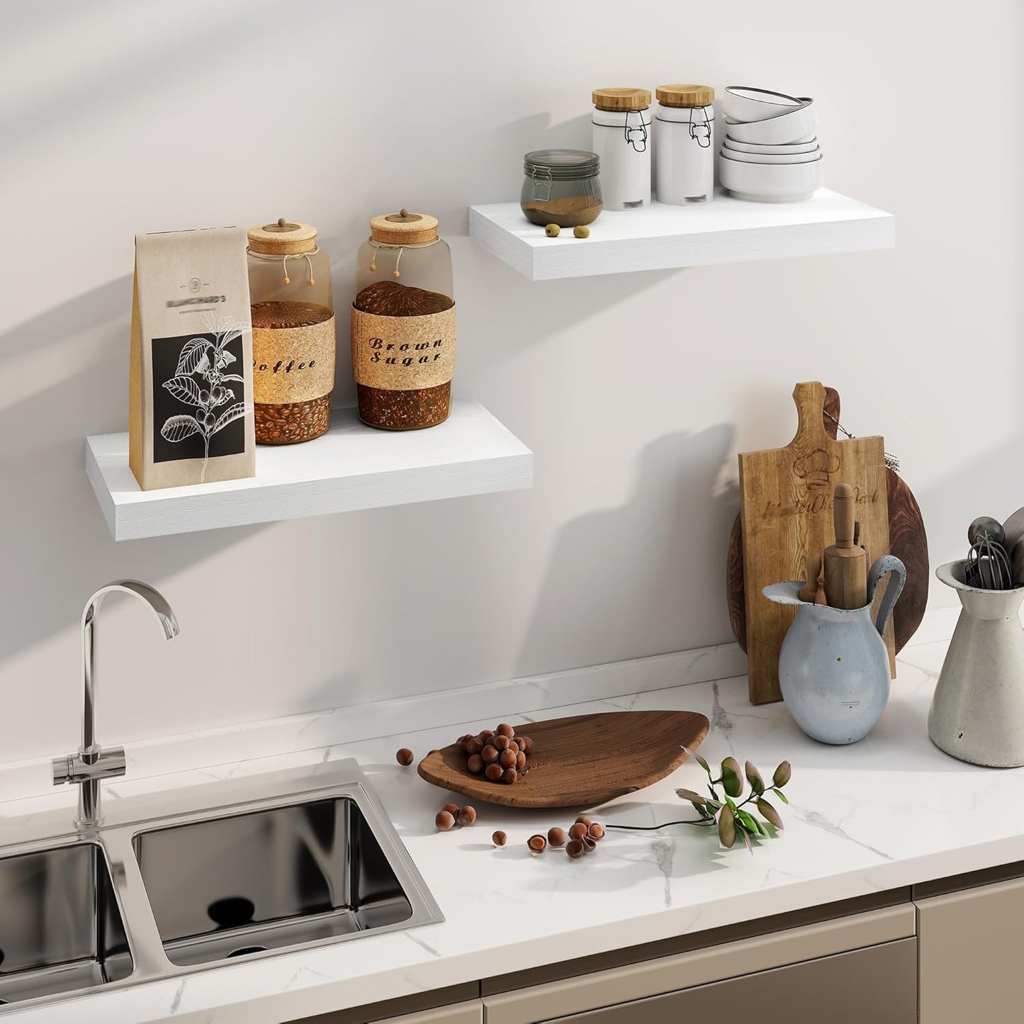 Fun Memories White Floating Shelves, 8 Inch Deep Wall Shelves Set of 2, Rustic Deep Shelves for Wall Storage, 24 x 8 Floating Shelves, 8" Deep White Shelves for Bedroom, Living Room, Kitchen