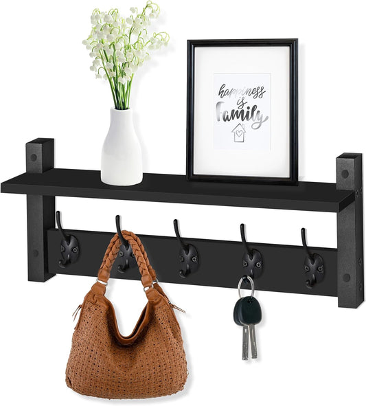 Sorbus Coat Hooks Wall Mount with Shelf – 24 Inch Coat Rack Wall Mount with 5 Heavy Duty Hooks – Floating Wall Shelf with Hooks for Entryway, Bathroom, Bedroom, Kitchen, or Mudroom (Black)